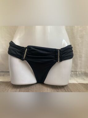 Simons Black Bikini Bottoms with Gathered Waist and Gold Rings